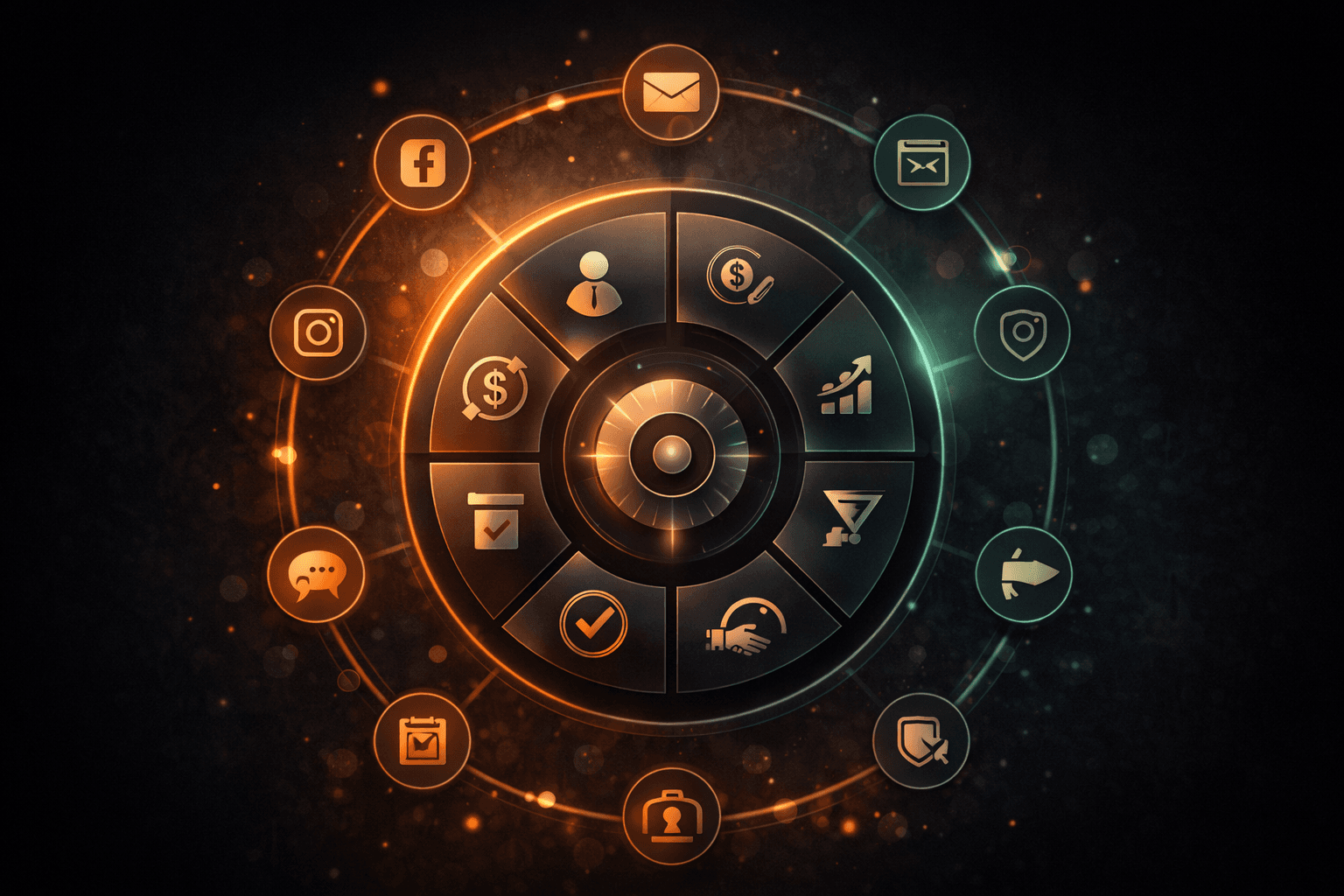 LeadWheel strategy diagram with inbound channels and business outcomes orbiting the core wheel.