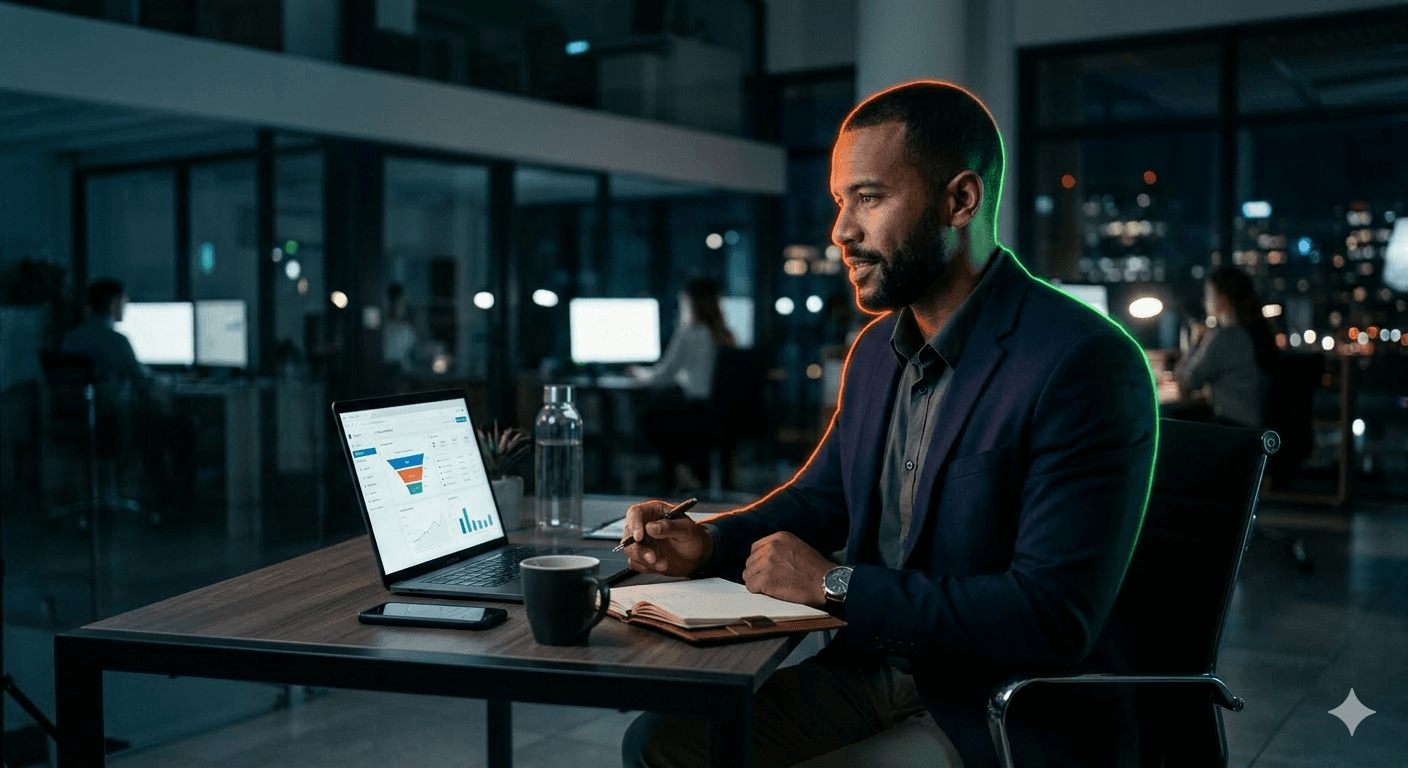 Professional reviewing opportunities and next steps in an office.